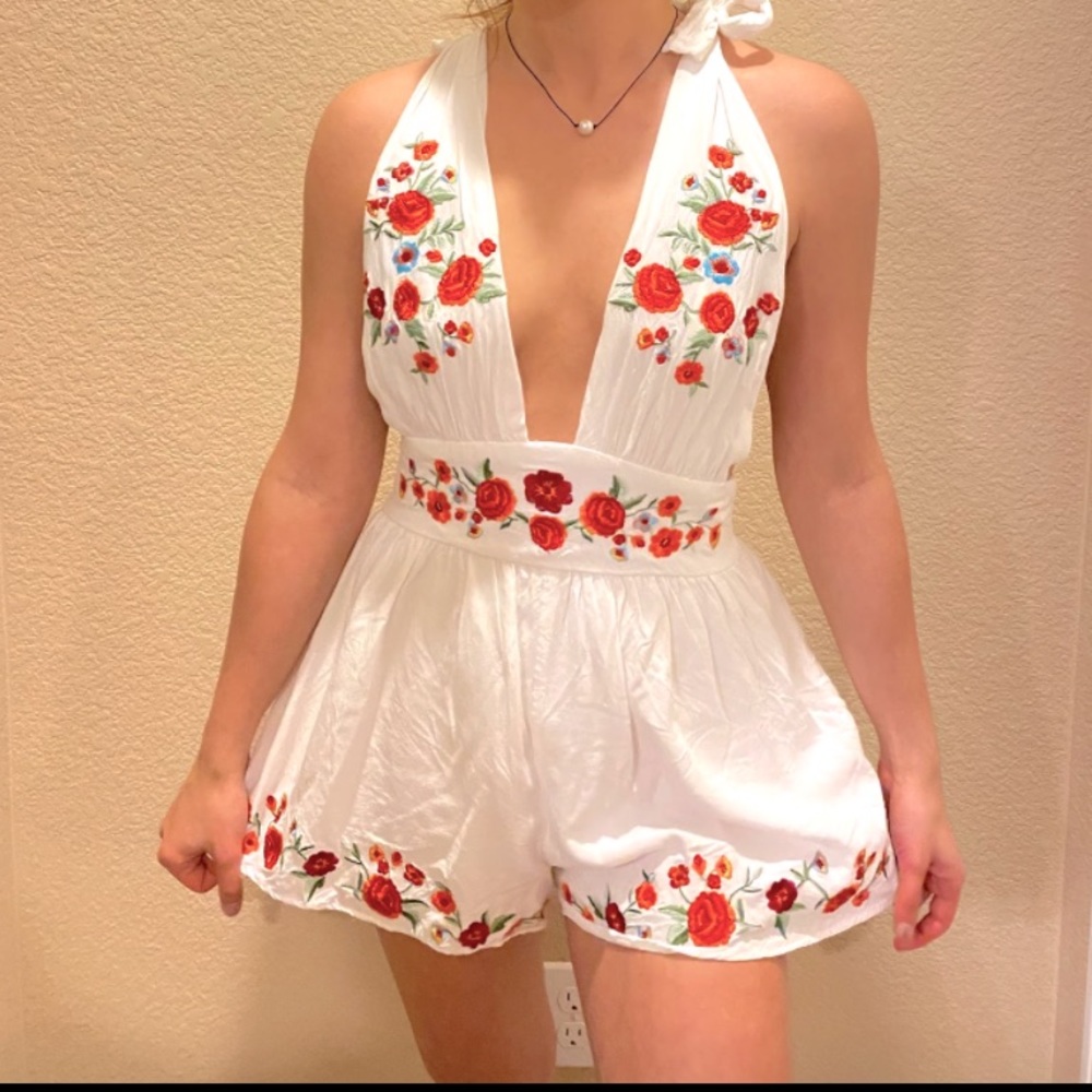 White with floral embroidery romper